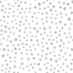 Gray pattern with hearts, spirals and stars. Seamless vector background