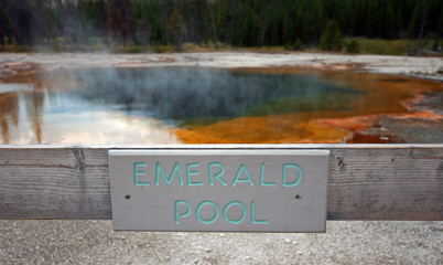 Emerald Pool hot spring sign in the Black Sand Geyser Basin in Yellowstone National Park in Wyoming...