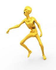 Posing horrified zombie. Golden metallic material. 3D rendering