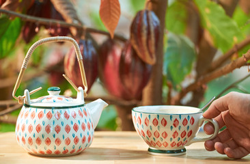 Hand hold cup with hot chocolate