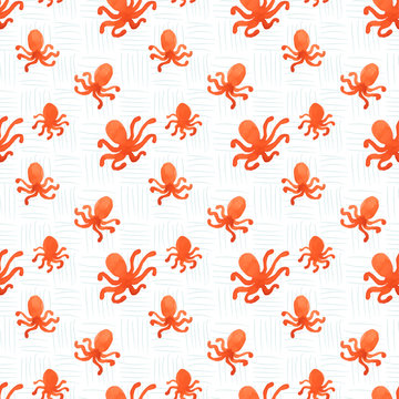 Sea watercolor seamless pattern with the image of octopuses isolated on cellular background . Red sea pattern seamless background in watercolor. Seamless pattern with octopus. Ocean, water, sea.