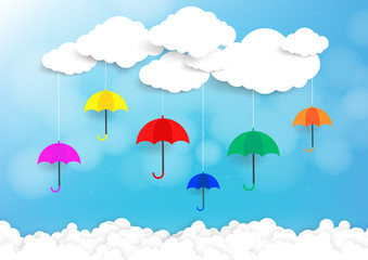 Origami made colorful umbrella and clouds background. Paper art style. Vector illustration