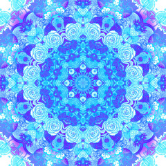 Detailed floral silk scarf design. Round shaped ornate pattern. Roses and other flower.