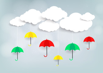 Umbrella with blue sky and clouds background. Paper art style. Vector illustration