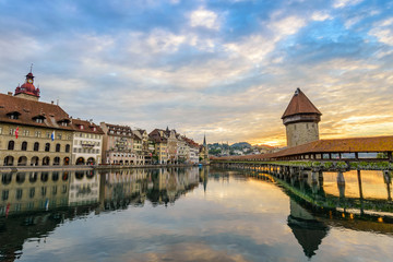 Lucerne sunrise city skyline and Chapel Bridge, Lucerne (Luzern), Switzerland