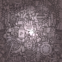 Naklejka premium Steampunk seamless pattern. Science, technology, vintage, progress, chemistry, science, mechanism, diesel punk. Retro style industrial design for wrapping paper or background.