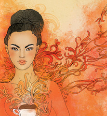Tea ceremony, vector  background with japanese girl.