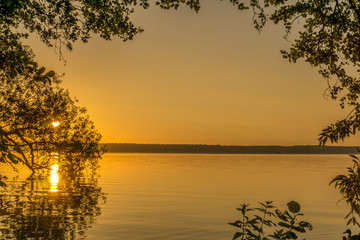 Sunrise over a lake with leaves of trees in the foreground