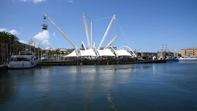 Panorama of Genoa harbor and aquarium in the old port, Italy