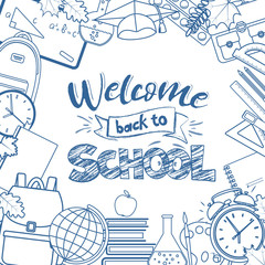 Set of different school supplies. First day of school, Back to school line icons. Vector