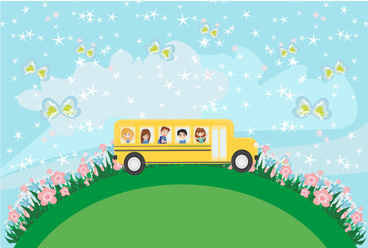 School bus with happy children - card