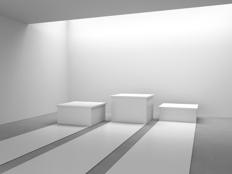 Empty white winners podium in white room with light from ceiling. 3D rendering.