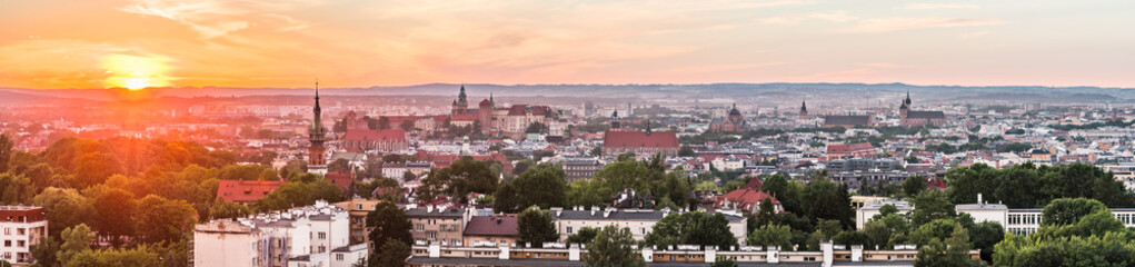 Naklejka na ściany i meble Krakow panorama from Krakus Mound, Poland landscape during sunset.