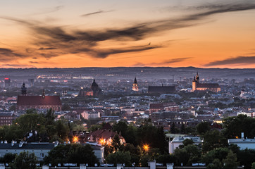 Krakow panorama from Krakus Mound, Poland landscape during sunset.