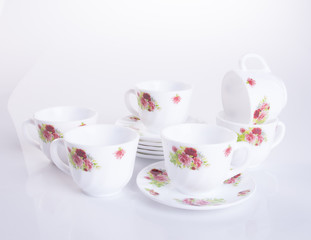 tea set or porcelain tea set on background.