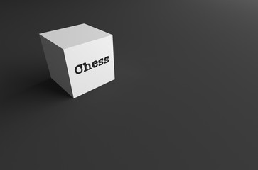 3D RENDERING WORD "Chess" ON WHITE CUBE WITH BLACK PLAIN BACKGROUND
