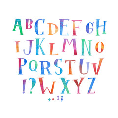 Colorful watercolor aquarelle font type handwritten hand draw abc alphabet letters