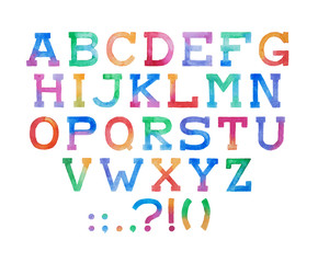 Colorful watercolor aquarelle font type handwritten hand draw abc alphabet letters