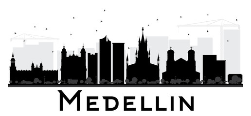 Medellin City skyline black and white silhouette.