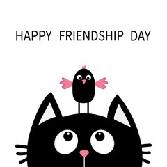 Happy Friendship Day. Cute black cat looking up to bird on head. Funny cartoon character. Kawaii animal. Kitty kitten. Baby pet collection. White background. Isolated. Flat design.