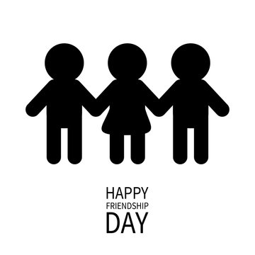 Happy Friendship Day. Two black man male and one woman female silhouette sign symbol. Boys girls holding hands icon. Friends forever. White background Flat design.