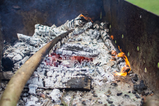 Large hot charcoal after fire