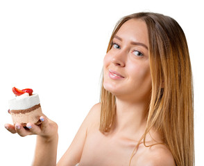 Beautiful smiling young woman with a cake