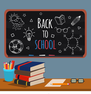 Back to school. Books, cups with pens and pencils, glasses on the teacher's Desk in the background of blackboard with hand drawn doodles. Vector illustration in flat style