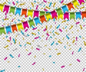 Falling color confetti with flags on transparent background. Vector holiday illustration.