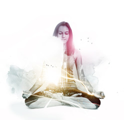 Creative composite of meditating woman and city