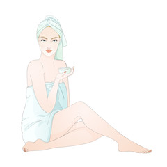 Obraz na płótnie Canvas Beautiful girl during beauty ritual, apply cream. Vector hand drawn illustration.