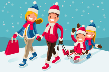 Fototapeta premium Happy christmas family in winter holidays isometric people cartoon walking parents carry children sled vector illustration