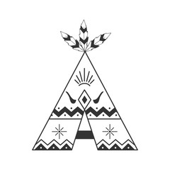 Cute tipi illustration isolated on white with feathers and indian ornaments. Vector wigwam boho style - obrazy, fototapety, plakaty