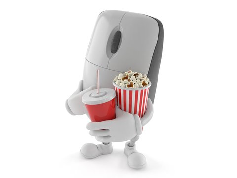 Computer mouse character with soda and popcorn