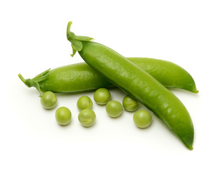 Pods of green peas isolated on the white background