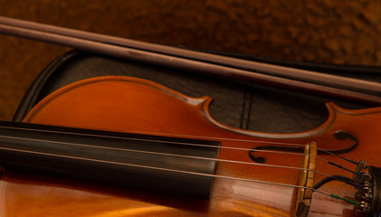 Close view of vintage violin strings and bridge
