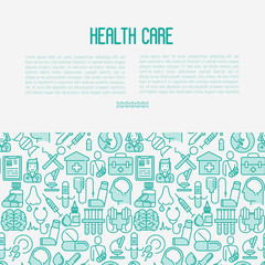 Health care concept with thin line icons related to hospital, clinic, laboratory. Vector illustration for conclusion, banner, web page.