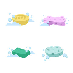 Trendy cartoon style bath and health care set. Yellow and green soap. Pink and green sponges with boobles.