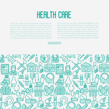 Health care concept with thin line icons related to hospital, clinic, laboratory. Vector illustration for conclusion, banner, web page.