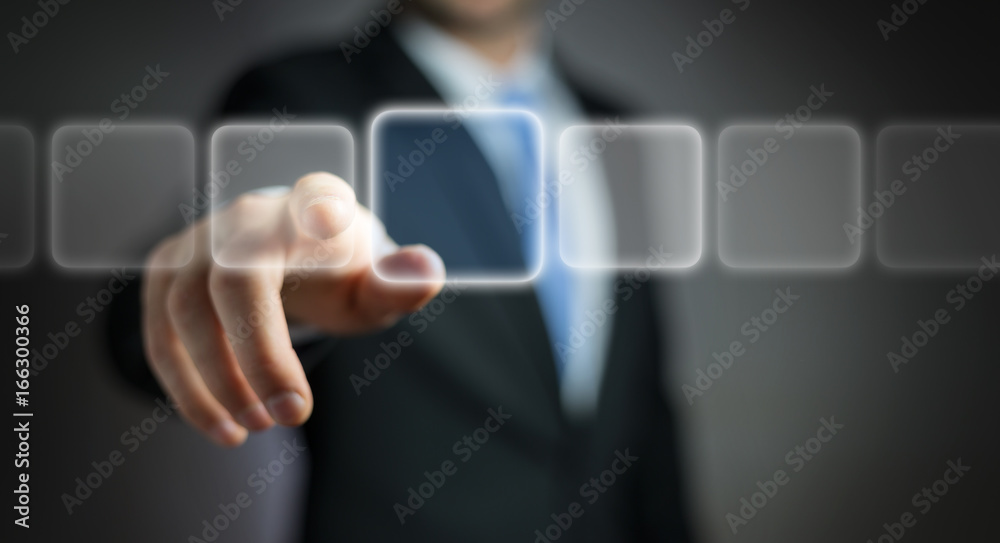 Wall mural businessman surfing on internet with digital tactile interface 3d rendering