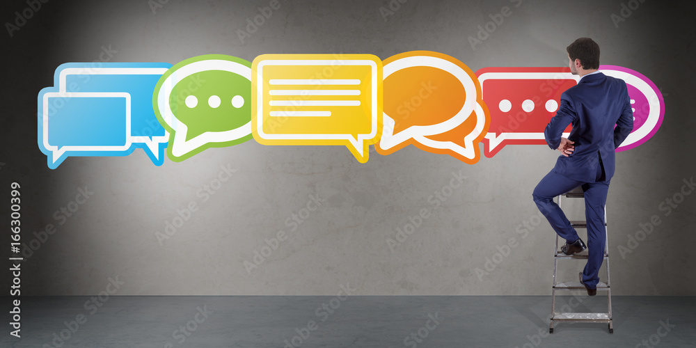 Wall mural businessman using social network interface on a wall 3d rendering