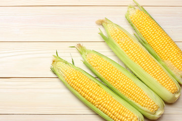 Fresh corn on cob on wooden table. Top view with copy space