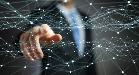 Dot flying network touched by businessman 3D rendering