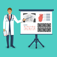 Doctor in white coat with pointer near board. Training medical. Lecture to trainees doctors. Discussion medical investigations, disease. Mentor at blackboard. Conference. Design vector illustration.