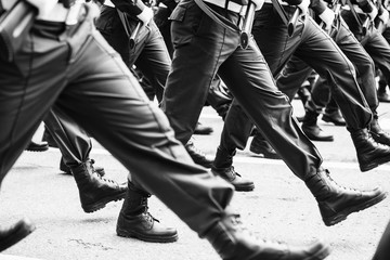 soldiers marching training in the army (black and white photo)