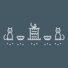 Cute vector illustration cross embroidery of teapot with two cups and two cats.