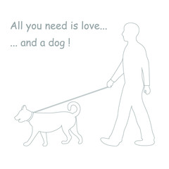 Silhouette of a man walking a dog on a leash. Design element for postcard, banner, flyer.