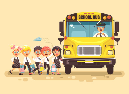 Vector illustration back to school cartoon characters schoolboy schoolgirls pupils apprentices cute cheerful children at bus stop go board school bus with driver on yellow background flat style