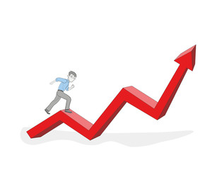 Line flat design vector illustration of businessman running up along arrow, concept for business success, career, reaching goals.