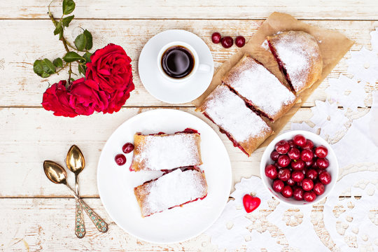 Strudel with a cherry. Cherry pie.